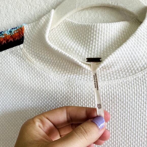 Free People white mock neck colorful knit crochet cuff thermal - Picture 5 of 10